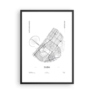 Póster en marco negro - Mapa minimalista en blanco y negro de Dubái - 50x70cm - Anatomía de Dubái - Decoración de pared moderna para salón y dormitorio ARTTOR