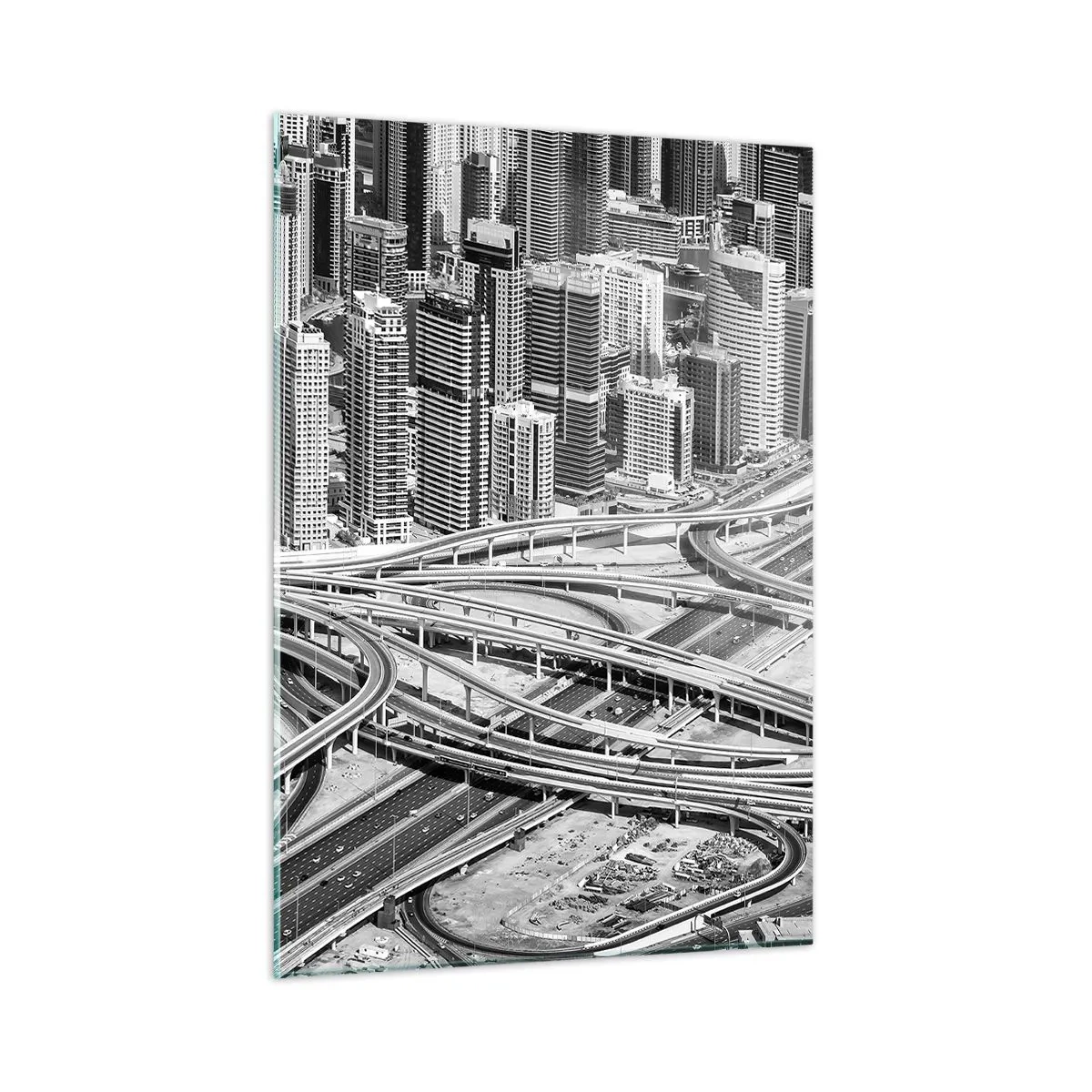 Cuadro sobre vidrio - Impresiones sobre Vidrio - Panorama en blanco y negro de la ciudad con un cruce de autopistas - 50x70cm - Dubái: la ciudad imposible - Decoración de pared moderna para salón y dormitorio ARTTOR