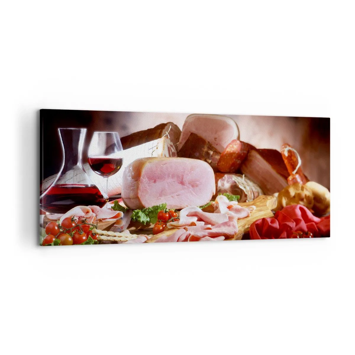 Cuadro sobre lienzo - Impresión de Imagen - Embutidos con vino sobre fondo rústico - 120x50cm - Un sueño culinario  - Decoración de pared moderna para salón y dormitorio ARTTOR