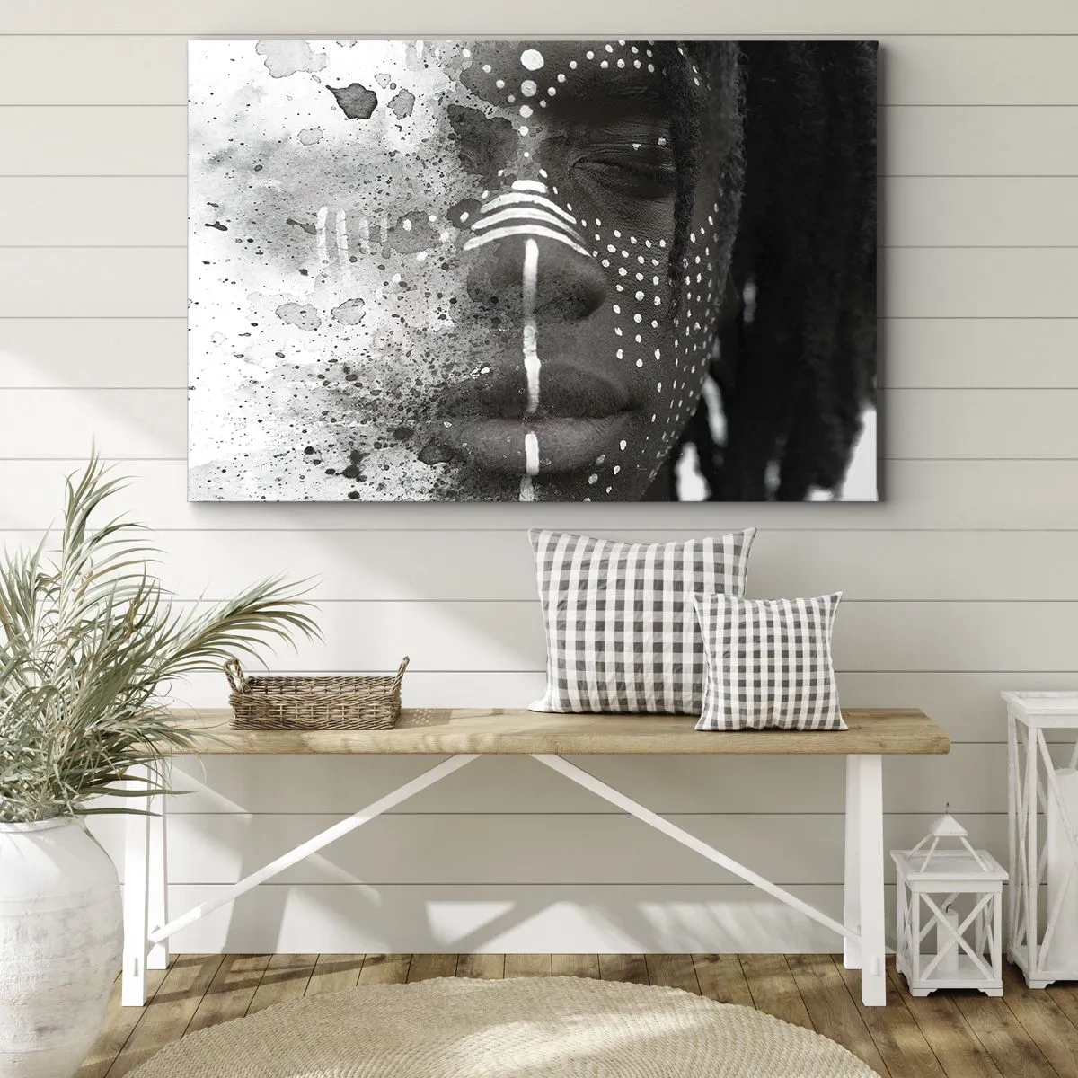 Cuadro sobre lienzo - Impresión de Imagen - Retrato artístico de rostro con patrones abstractos blancos. - 70x50cm - Descubrimiento del espíritu original - Decoración de pared moderna para salón y dormitorio ARTTOR