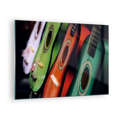 Cuadro sobre vidrio - Impresiones sobre Vidrio - Guitarras coloridas en fila - 70x50cm - La guitarra tiene muchos colores - Decoración de pared moderna para salón y dormitorio ARTTOR