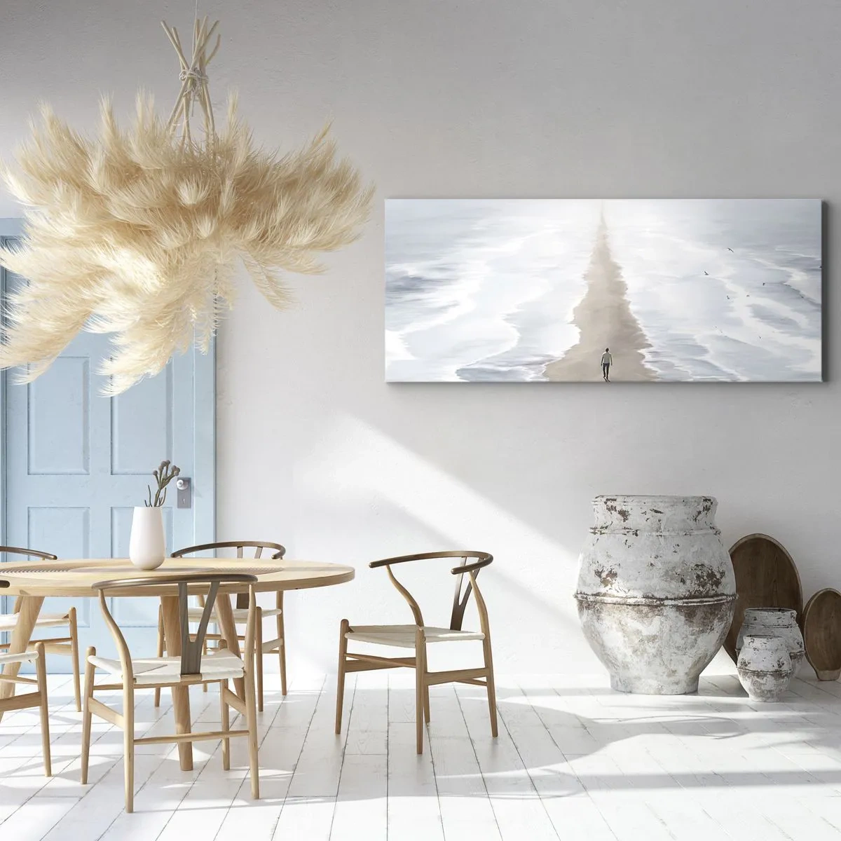 Cuadro sobre lienzo - Impresión de Imagen - Una figura en un camino solitario en medio de un vasto paisaje acuático. - 140x50cm - Un futuro brillante - Decoración de pared moderna para salón y dormitorio ARTTOR