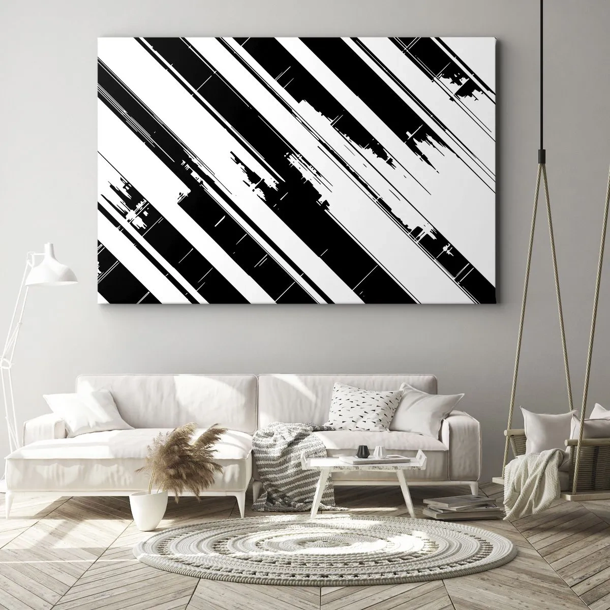 Cuadro sobre lienzo - Impresión de Imagen - Líneas blancas y negras y patrones geométricos en un estilo moderno. - 70x50cm - Composición intensa y dinámica - Decoración de pared moderna para salón y dormitorio ARTTOR