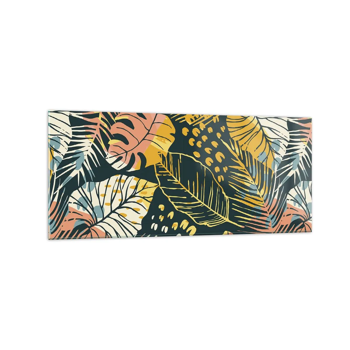 Cuadro sobre vidrio - Impresiones sobre Vidrio - Hojas coloridas sobre un fondo oscuro - 120x50cm - Una frondosa fantasía - Decoración de pared moderna para salón y dormitorio ARTTOR