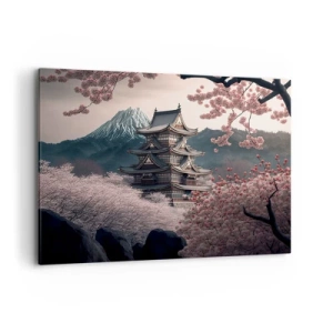 Cuadro sobre lienzo - Impresión de Imagen - Un templo japonés rodeado de flores de cerezo y montañas. - 120x80cm - Tierra de cerezos en flor - Decoración de pared moderna para salón y dormitorio ARTTOR