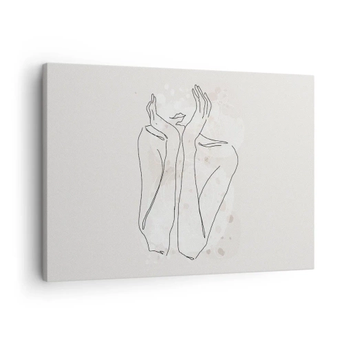 Cuadro sobre lienzo - Impresión de Imagen - Línea de contorno que muestra las manos de una mujer sobre un fondo claro - 70x50cm - Un momento de ensueño - Decoración de pared moderna para salón y dormitorio ARTTOR