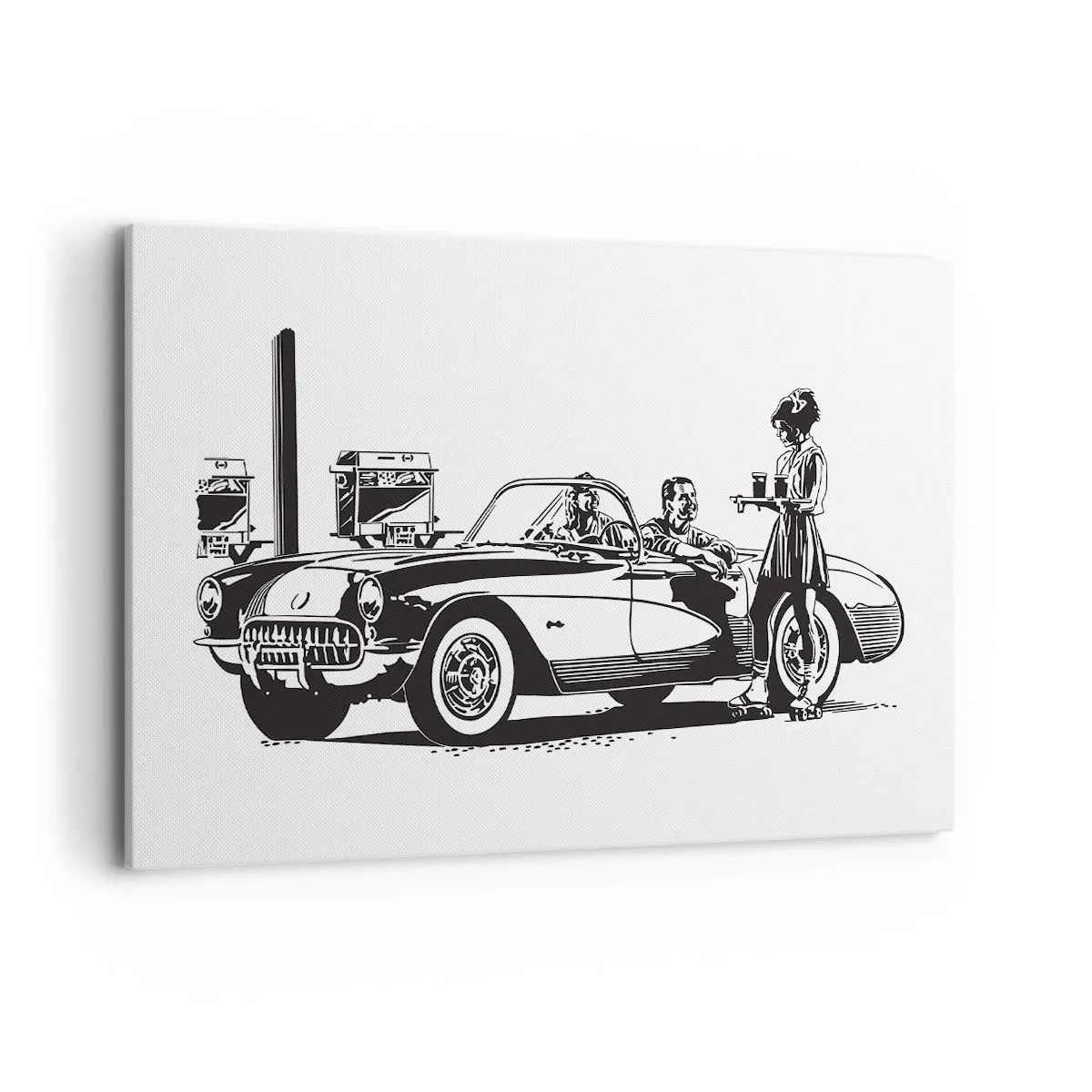 Cuadro sobre lienzo - Impresión de Imagen - Una escena retro en blanco y negro con un coche y una camarera en patines. - 120x80cm - Años 60 - la América despreocupada - Decoración de pared moderna para salón y dormitorio ARTTOR
