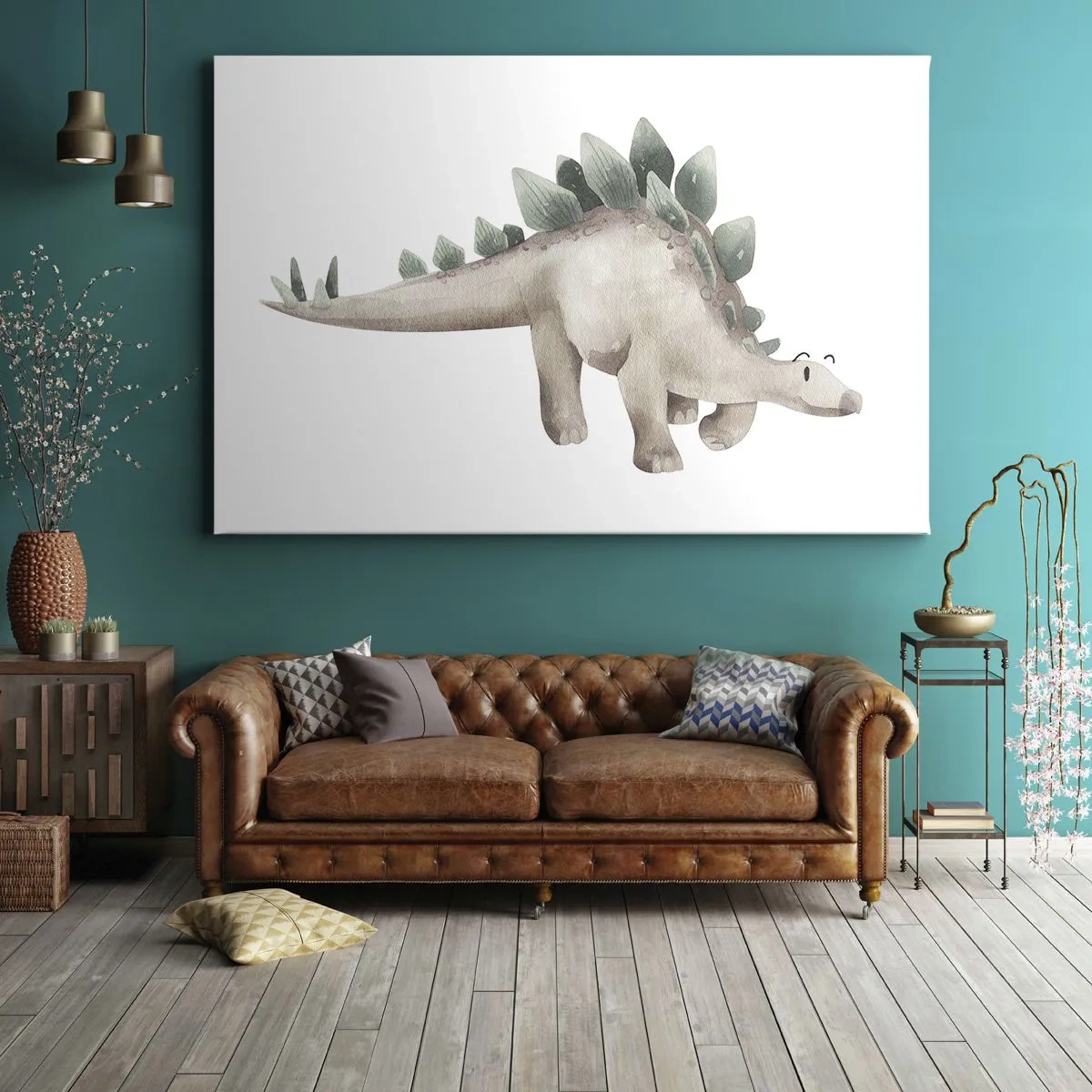 Cuadro sobre lienzo - Impresión de Imagen - Un lindo dinosaurio en colores pastel. - 120x80cm - Un amigo de otro tiempo - Decoración de pared moderna para salón y dormitorio ARTTOR