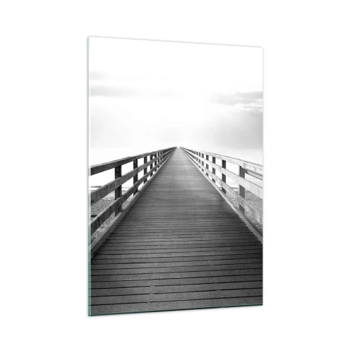 Cuadro sobre vidrio - Impresiones sobre Vidrio - Un puente de madera que conduce hacia el horizonte en blanco y negro. - 50x70cm - En la distancia... - Decoración de pared moderna para salón y dormitorio ARTTOR