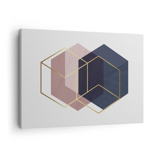 Cuadro sobre lienzo - Impresión de Imagen - Formas geométricas en líneas doradas sobre un fondo pastel. - 70x50cm - El poder de la sencillez - Decoración de pared moderna para salón y dormitorio ARTTOR