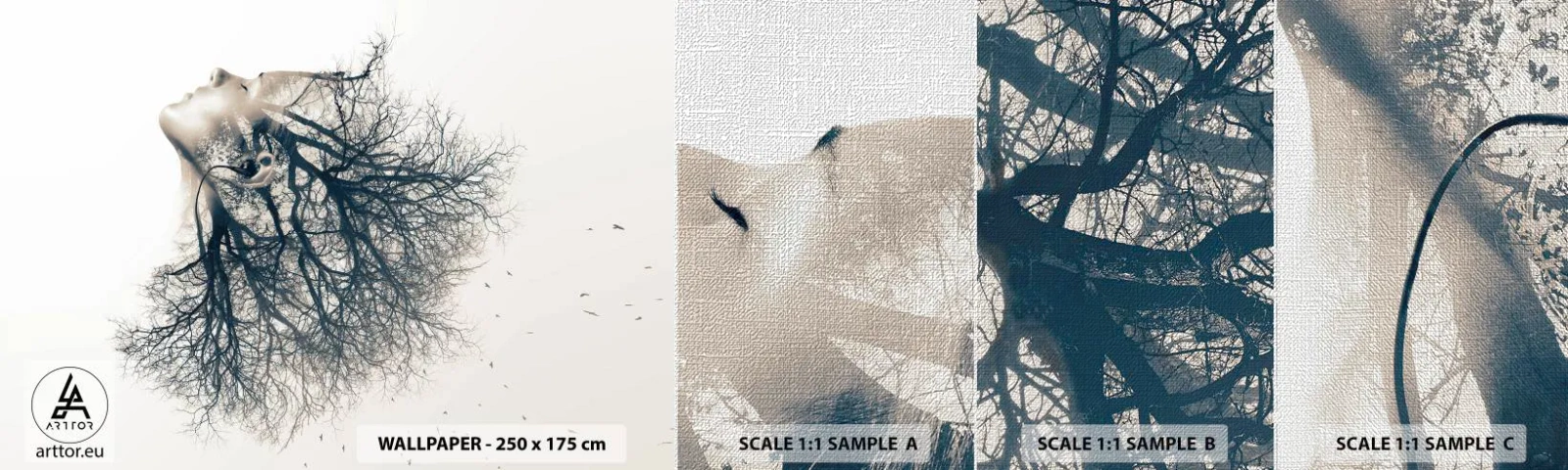 Muestra de fotomural Premium Canvas - Escuchando el susurro de un árbol - Abstracción, cara de mujer, Árbol - 100x30 cm