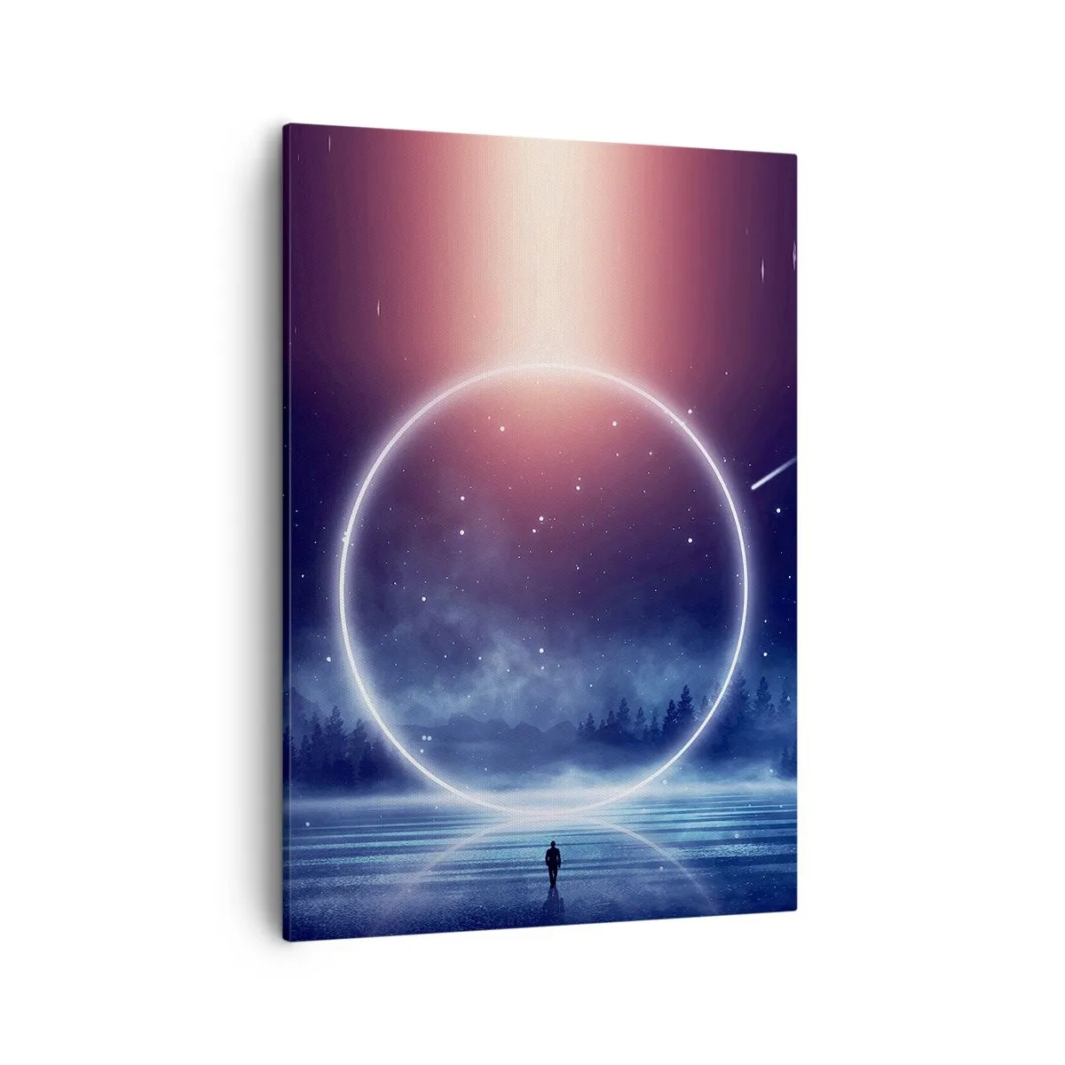 Cuadro sobre lienzo - Impresión de Imagen - Un paisaje mágico con una figura y un círculo de luz por la noche. - 50x70cm - Ya están aquí... - Decoración de pared moderna para salón y dormitorio ARTTOR
