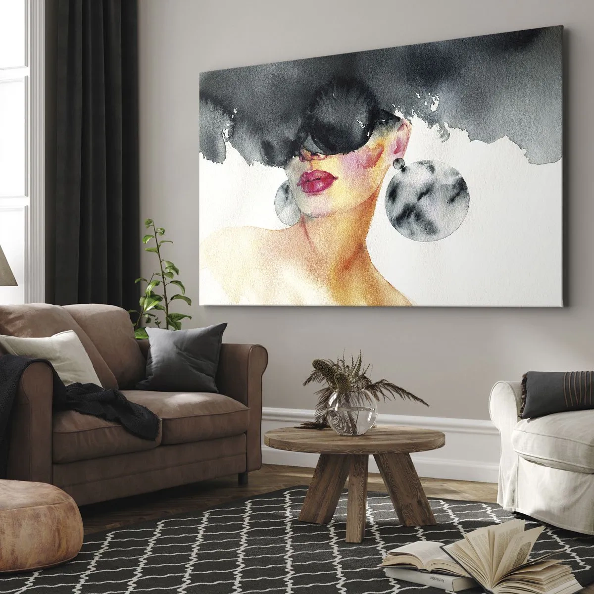 Cuadro sobre lienzo - Impresión de Imagen - Una mujer con gafas elegantes y pendientes grandes. - 70x50cm - El secreto de la elegancia - Decoración de pared moderna para salón y dormitorio ARTTOR