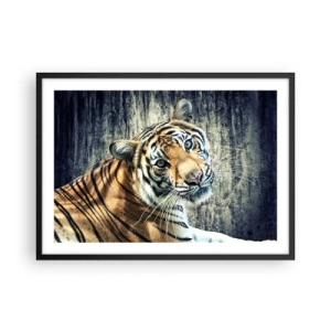 Póster en marco negro - Un tigre recostado contra una pared de textura rugosa. - 70x50cm - Retrato en corrientes de luz - Decoración de pared moderna para salón y dormitorio ARTTOR