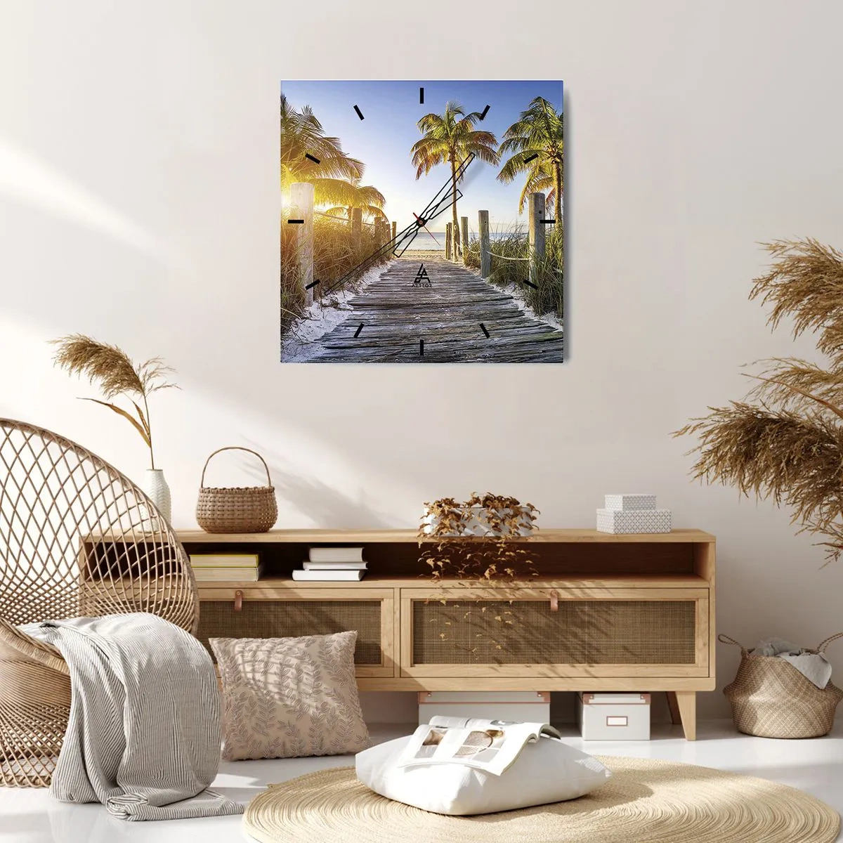 Reloj de pared - Reloj de vidrio - Camino de madera en la playa con palmeras al fondo - 30x30cm - Directo al paraíso - Decoración de pared moderna para salón y dormitorio ARTTOR