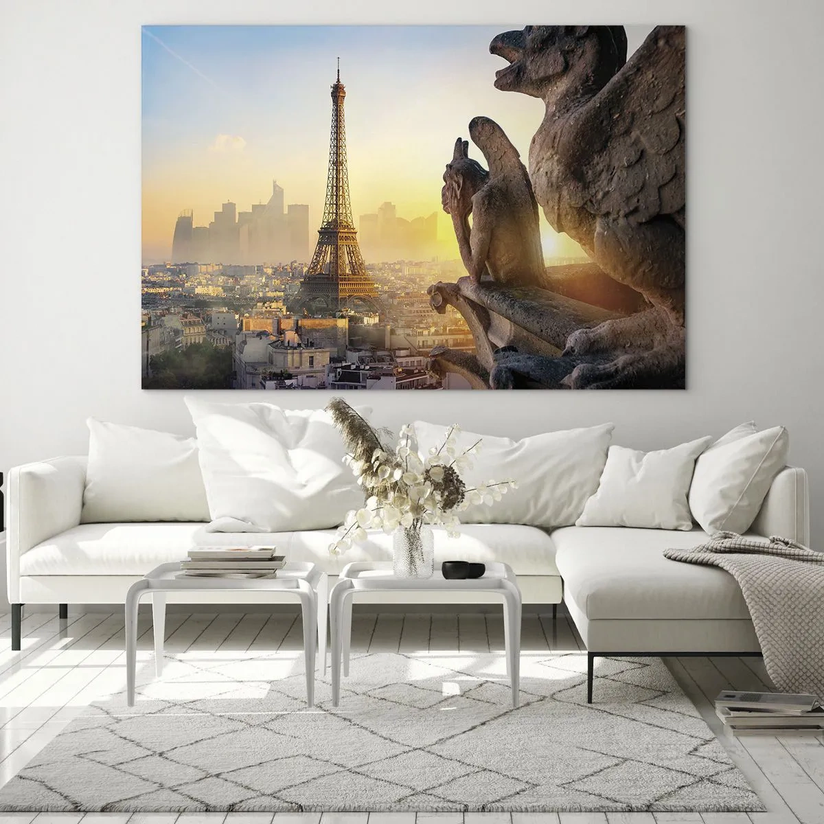 Cuadro sobre vidrio - Impresiones sobre Vidrio - La Torre Eiffel en la niebla matutina, con vistas a París y esculturas góticas. - 100x70cm - Ha cambiado tanto la ciudad... - Decoración de pared moderna para salón y dormitorio ARTTOR