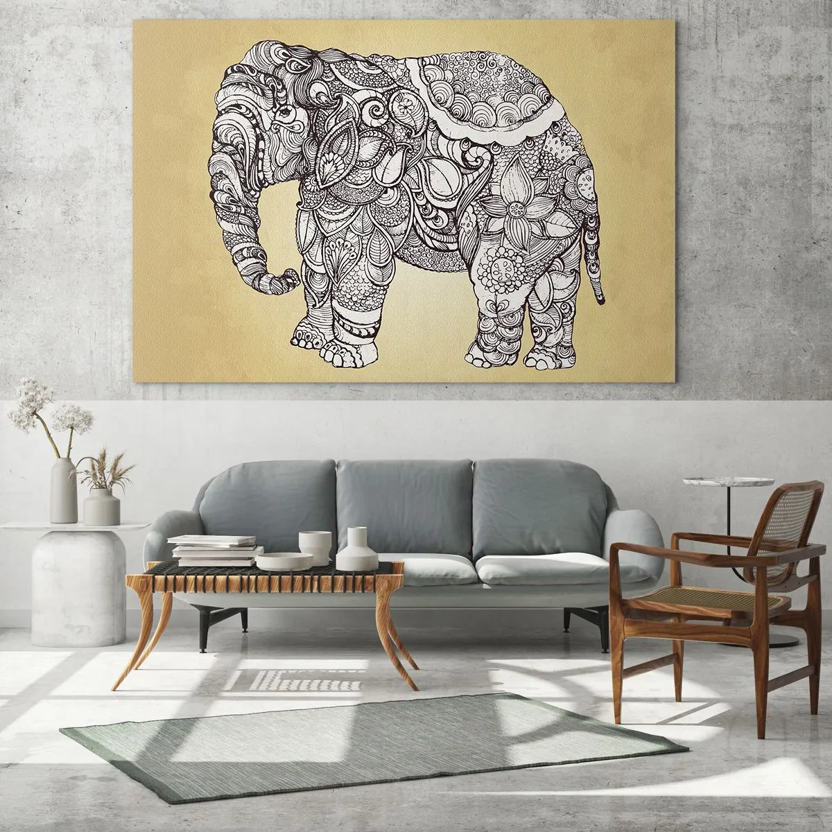 Cuadro sobre vidrio - Impresiones sobre Vidrio - Elefante blanco y negro con patrones orientales sobre fondo beige. - 100x70cm - El elefante decorado - Decoración de pared moderna para salón y dormitorio ARTTOR