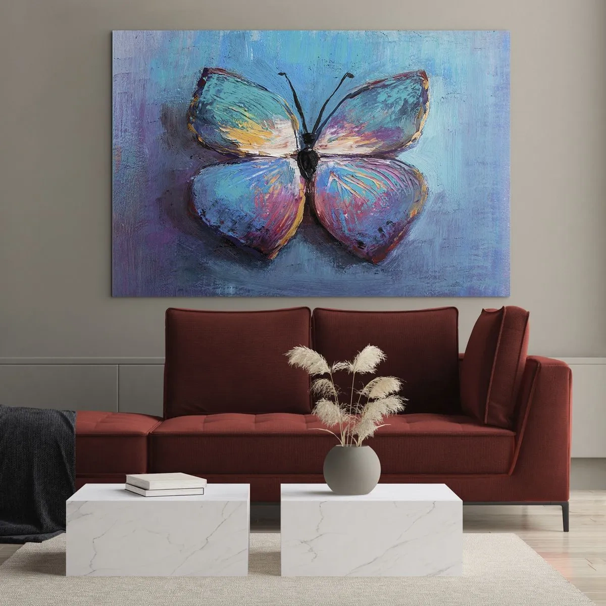 Cuadro sobre vidrio - Impresiones sobre Vidrio - Una mariposa colorida sobre un fondo de colores abstractos en tonos azul y morado. - 120x80cm - En todo su esplendor - Decoración de pared moderna para salón y dormitorio ARTTOR