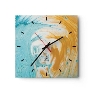 Reloj de pared - Reloj de vidrio - Ondas abstractas en tonos azules y dorados sobre lienzo. - 30x30cm - Remolino pastel - Decoración de pared moderna para salón y dormitorio ARTTOR