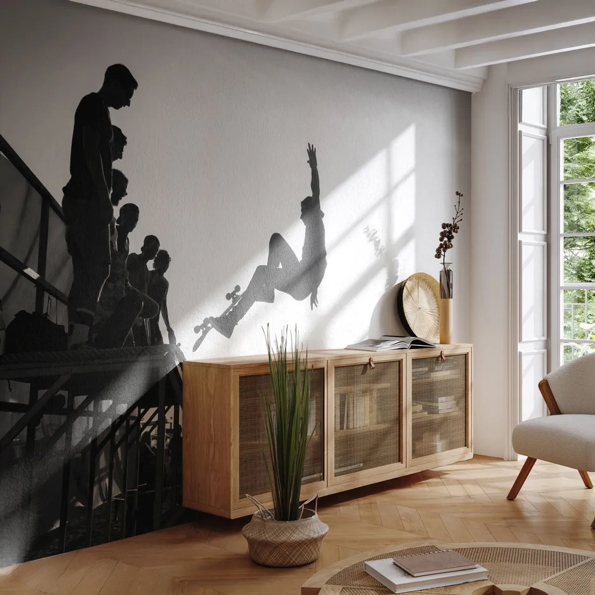 Fotomural Premium Sand - Escena de skate en blanco y negro en una rampa - 100x70cm - Héroes y espectadores - Decoración de pared moderna para salón y dormitorio ARTTOR