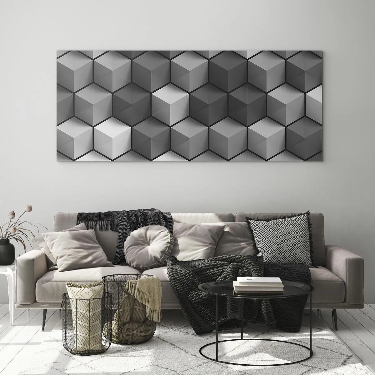 Cuadro sobre vidrio - Impresiones sobre Vidrio - Composición geométrica de cubos en tonos grises y negros. - 160x50cm - Rompecabezas cubista - Decoración de pared moderna para salón y dormitorio ARTTOR