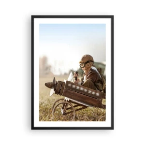 Póster en marco negro - Un niño en un avión de madera con estrellas en el fondo. - 50x70cm - Despegue hacia un sueño - Decoración de pared moderna para salón y dormitorio ARTTOR