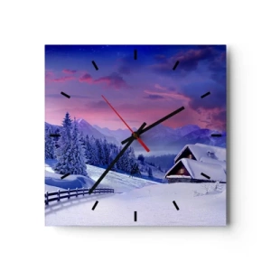 Reloj de pared - Reloj de vidrio - Paisaje invernal con cabañas de montaña al atardecer - 30x30cm - Noche de silencio - Decoración de pared moderna para salón y dormitorio ARTTOR