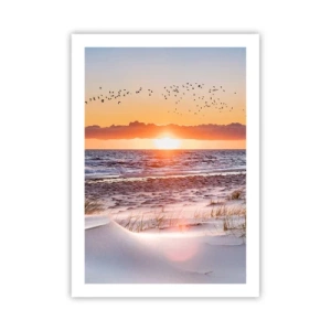 Póster - Puesta de sol sobre el mar con pájaros en el horizonte y la playa. - 50x70cm - Paisaje horizontal - Decoración de pared moderna para salón y dormitorio ARTTOR