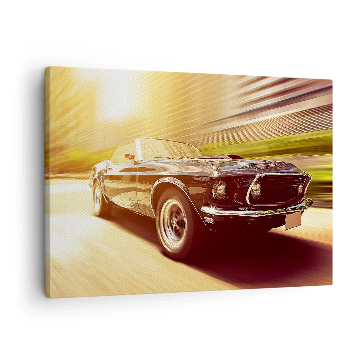 Cuadro sobre lienzo - Impresión de Imagen - Un coche clásico en movimiento con un telón de fondo urbano. - 70x50cm - 1967 - El retorno de una leyenda - Decoración de pared moderna para salón y dormitorio ARTTOR