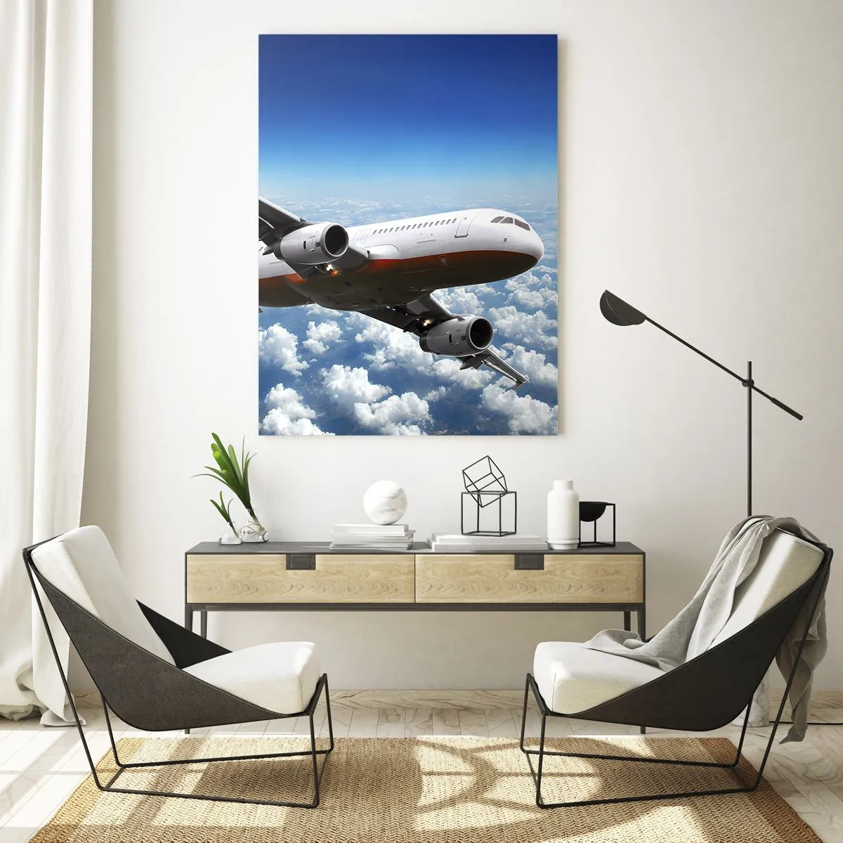 Cuadro sobre vidrio - Impresiones sobre Vidrio - Un avión de pasajeros volando sobre las nubes contra un cielo azul. - 50x70cm - Aléjese de todo - Decoración de pared moderna para salón y dormitorio ARTTOR
