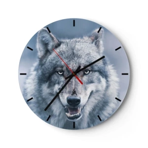 Reloj de pared - Reloj de vidrio - Un lobo con los colmillos al descubierto sobre un fondo azul frío. - 30x30cm - ¿Aceptarás el reto? - Decoración de pared moderna para salón, cocina y dormitorio ARTTOR