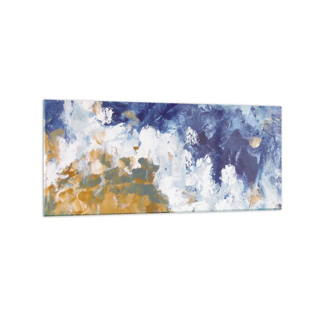 Cuadro sobre vidrio - Impresiones sobre Vidrio - Abstracción en tonos azules, blancos y dorados. - 120x50cm - Danza de los elementos - Decoración de pared moderna para salón y dormitorio ARTTOR