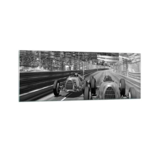 Cuadro sobre vidrio - Impresiones sobre Vidrio - Escena de carrera de coches retro monocromática - 140x50cm - Érase una vez en Montecarlo - Decoración de pared moderna para salón y dormitorio ARTTOR