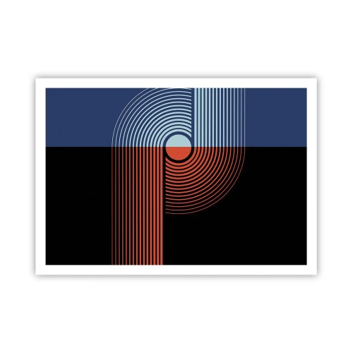 Póster - Abstracción geométrica con líneas en azul marino y naranja. - 100x70cm - En un abrazo geométrico - Decoración de pared moderna para salón y dormitorio ARTTOR
