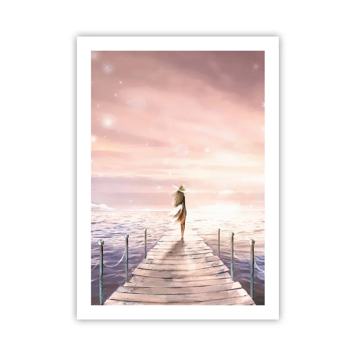 Póster - Muelle romántico al atardecer con una mujer con sombrero - 50x70cm - A la luz de un sueño - Decoración de pared moderna para salón y dormitorio ARTTOR