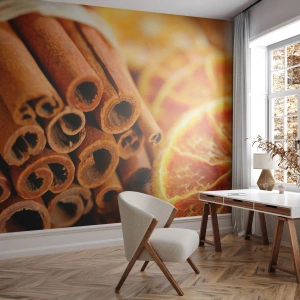 Fotomural Standard Eco - ¿Puedes oler su aroma? - Naranja, Canela en rama, Especias - 300x210 cm