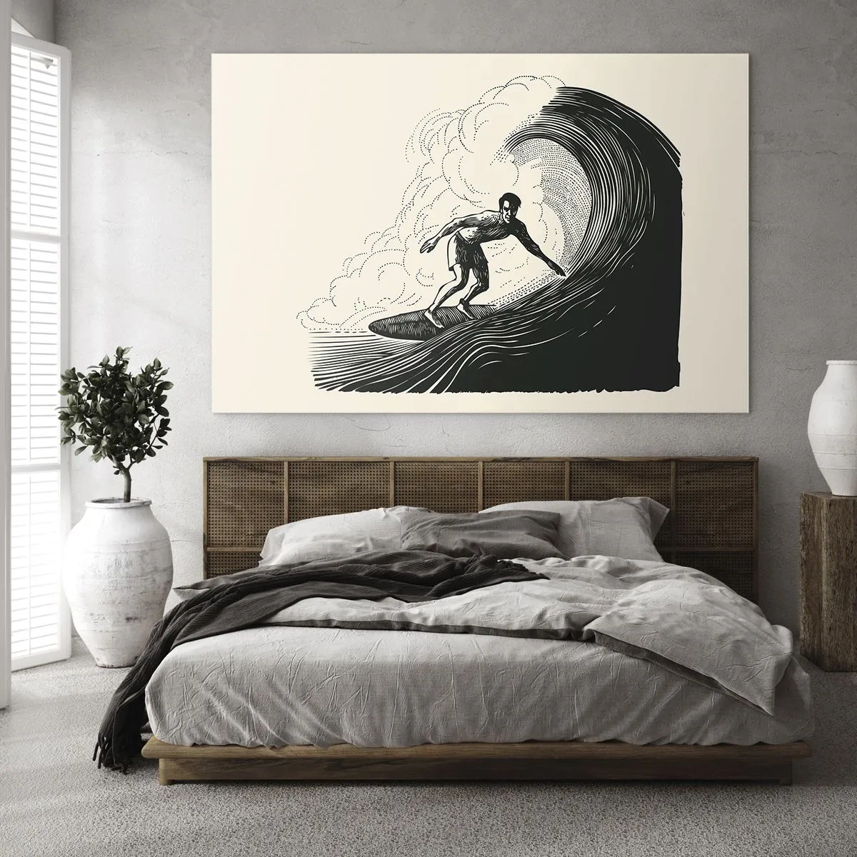 Cuadro sobre vidrio - Impresiones sobre Vidrio - Surfista montando una ola alta en un estilo de dibujo retro. - 70x50cm - Rey de la ola - Decoración de pared moderna para salón y dormitorio ARTTOR