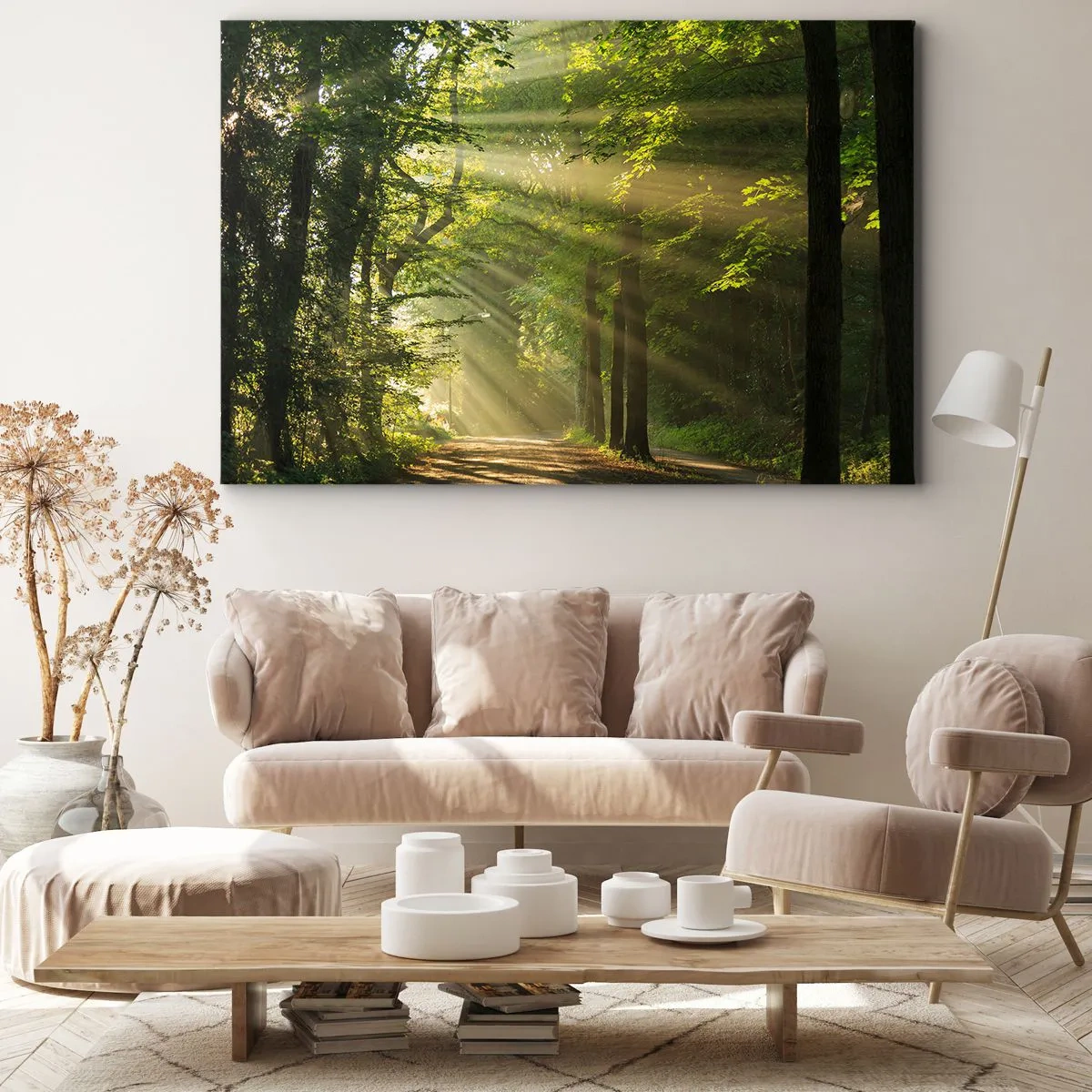 Cuadro sobre lienzo - Impresión de Imagen - Camino forestal con rayos de sol brillando a través de los árboles. - 100x70cm - Un momento en el bosque - Decoración de pared moderna para salón y dormitorio ARTTOR
