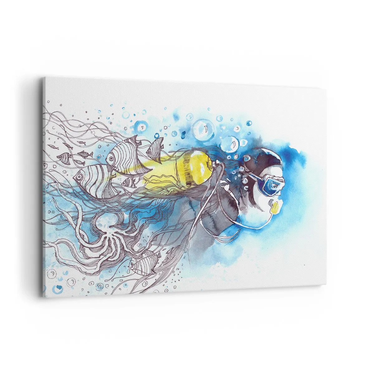 Cuadro sobre lienzo - Impresión de Imagen - Escena submarina con un buceador y peces exóticos. - 100x70cm - Sumergirse en lo desconocido - Decoración de pared moderna para salón y dormitorio ARTTOR