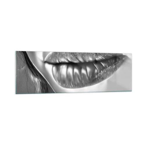 Cuadro sobre vidrio - Impresiones sobre Vidrio - Primer plano en blanco y negro de los labios de una mujer con efecto brillante y detalles. - 160x50cm - Sé lo que estás pensando... - Decoración de pared moderna para salón y dormitorio ARTTOR
