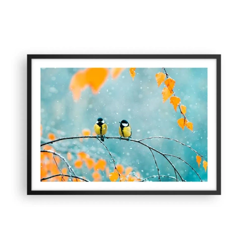 Póster en marco negro - Dos pájaros en una rama en un entorno invernal con hojas amarillas. - 70x50cm - Cotilleo de pájaros - Decoración de pared moderna para salón y dormitorio ARTTOR