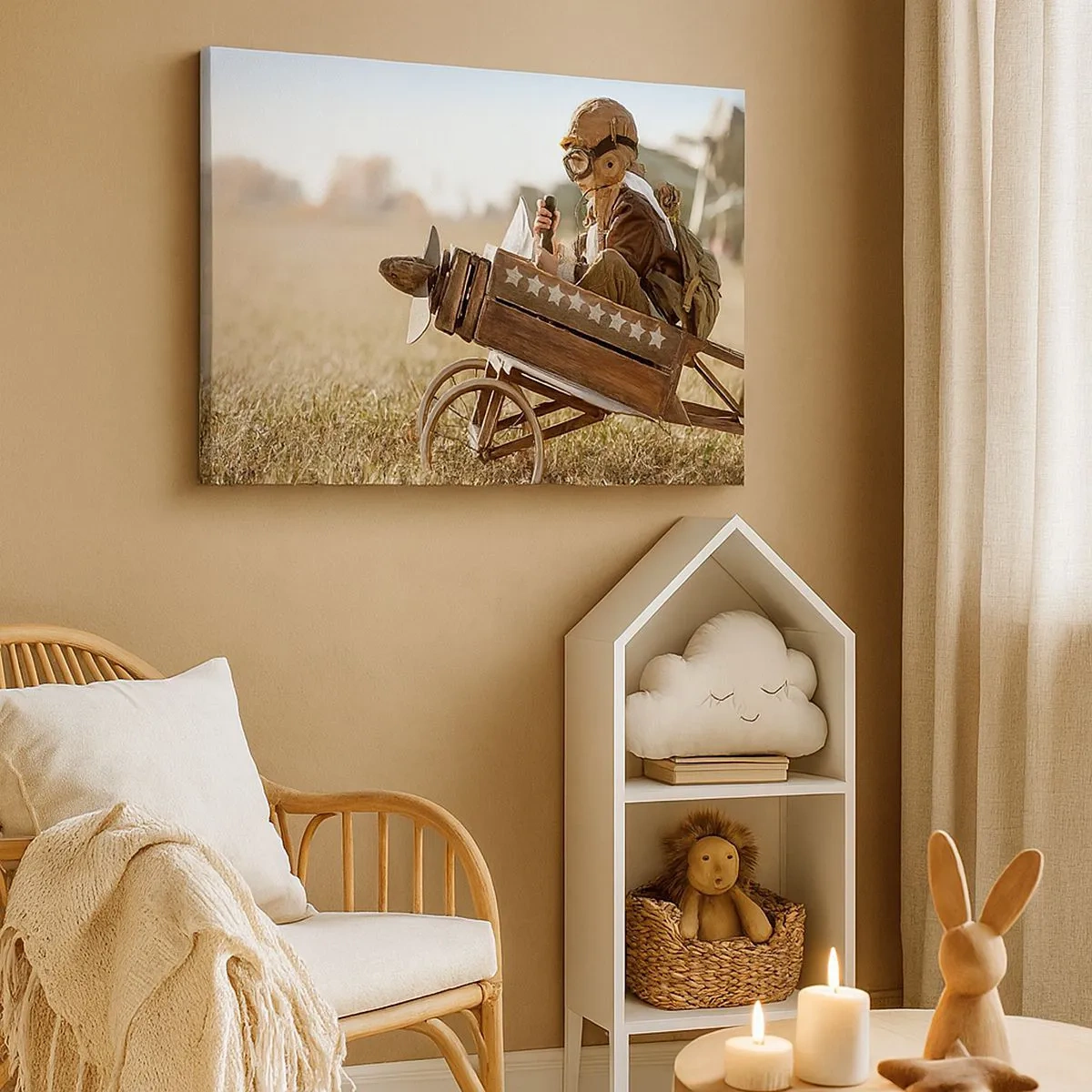 Cuadro sobre lienzo - Impresión de Imagen - Un niño en un avión de juguete con un campo al fondo. - 70x50cm - Despegue hacia un sueño - Decoración de pared moderna para salón y dormitorio ARTTOR