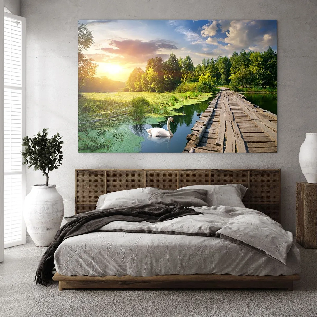 Cuadro sobre vidrio - Impresiones sobre Vidrio - Muelle de madera sobre un lago con un cisne al atardecer - 70x50cm - Verano, verano en todas partes - Decoración de pared moderna para salón y dormitorio ARTTOR