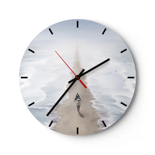 Reloj de pared - Reloj de vidrio - Una figura caminando sola por el agua en un camino de arena hacia el horizonte. - 30x30cm - Un futuro brillante - Decoración de pared moderna para salón, cocina y dormitorio ARTTOR