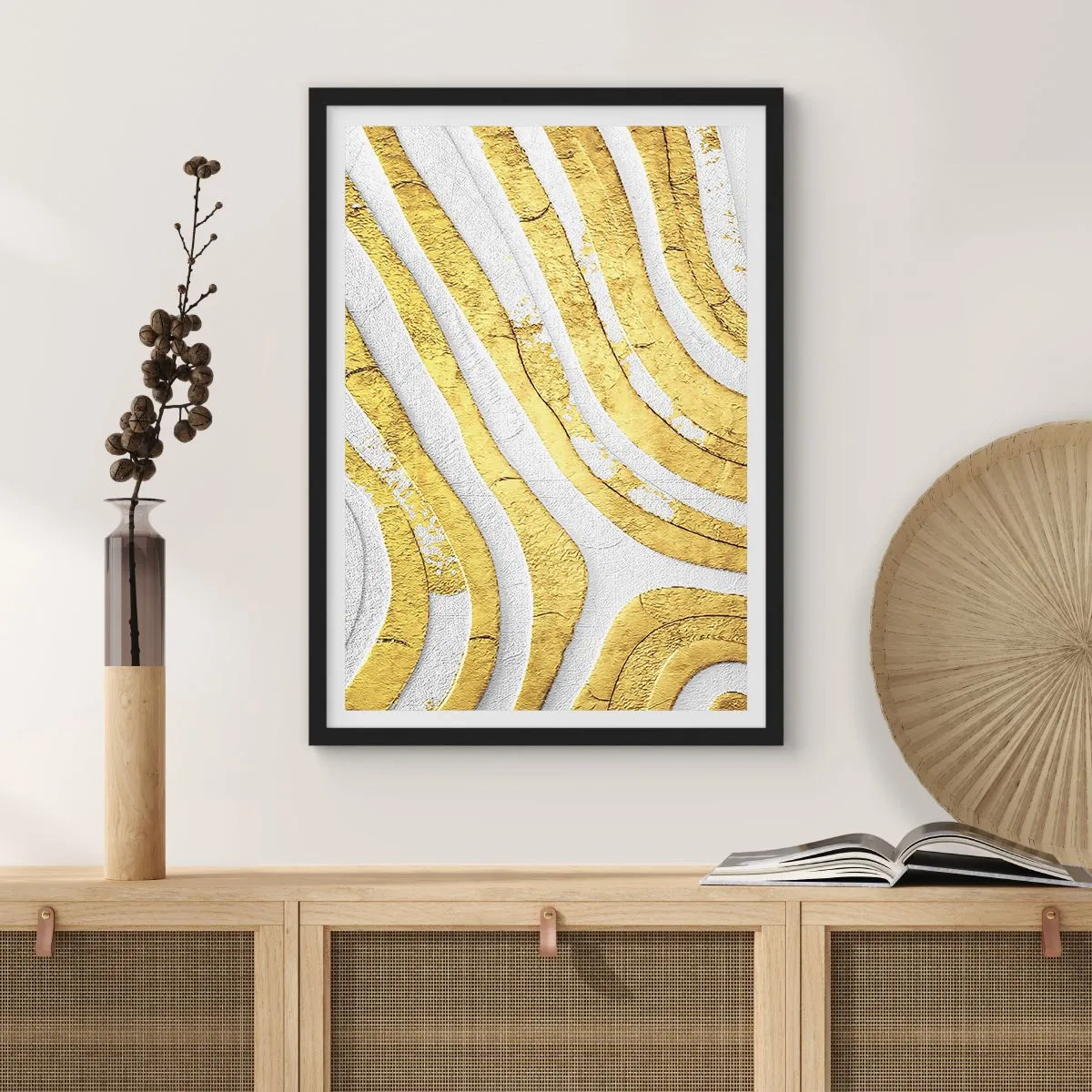 Póster en marco negro - Líneas doradas sobre un fondo blanco en un estilo abstracto. - 50x70cm - Una composición en blanco y oro - Decoración de pared moderna para salón y dormitorio ARTTOR