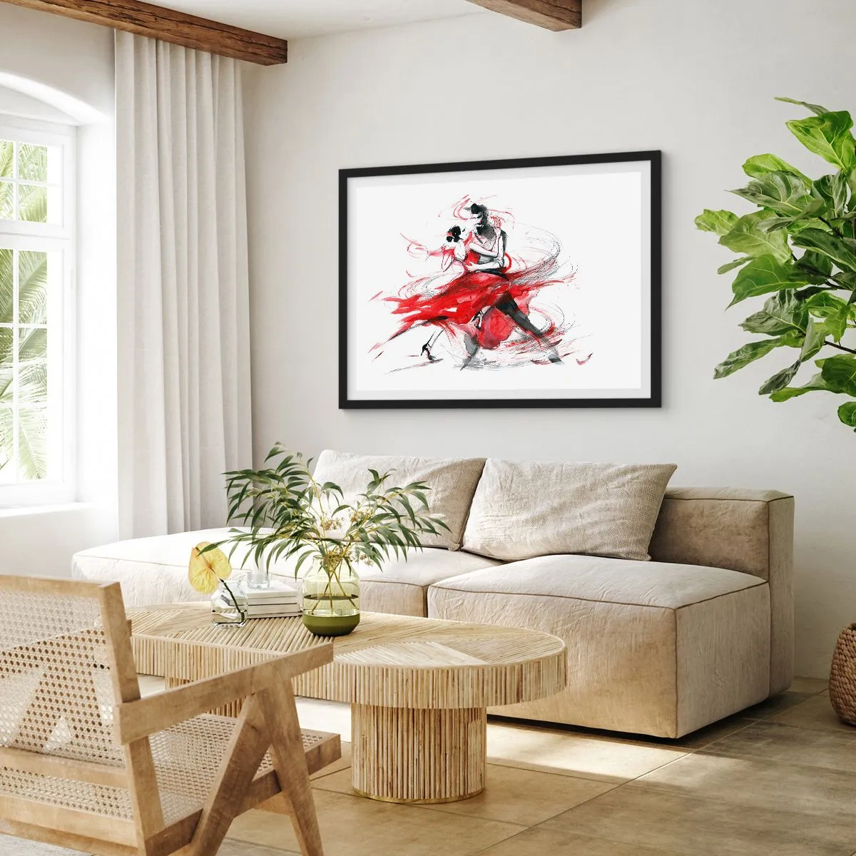 Póster en marco negro - Bailarines en un baile dinámico con acentos rojos. - 70x50cm - El tango: el ritmo de la pasión - Decoración de pared moderna para salón y dormitorio ARTTOR