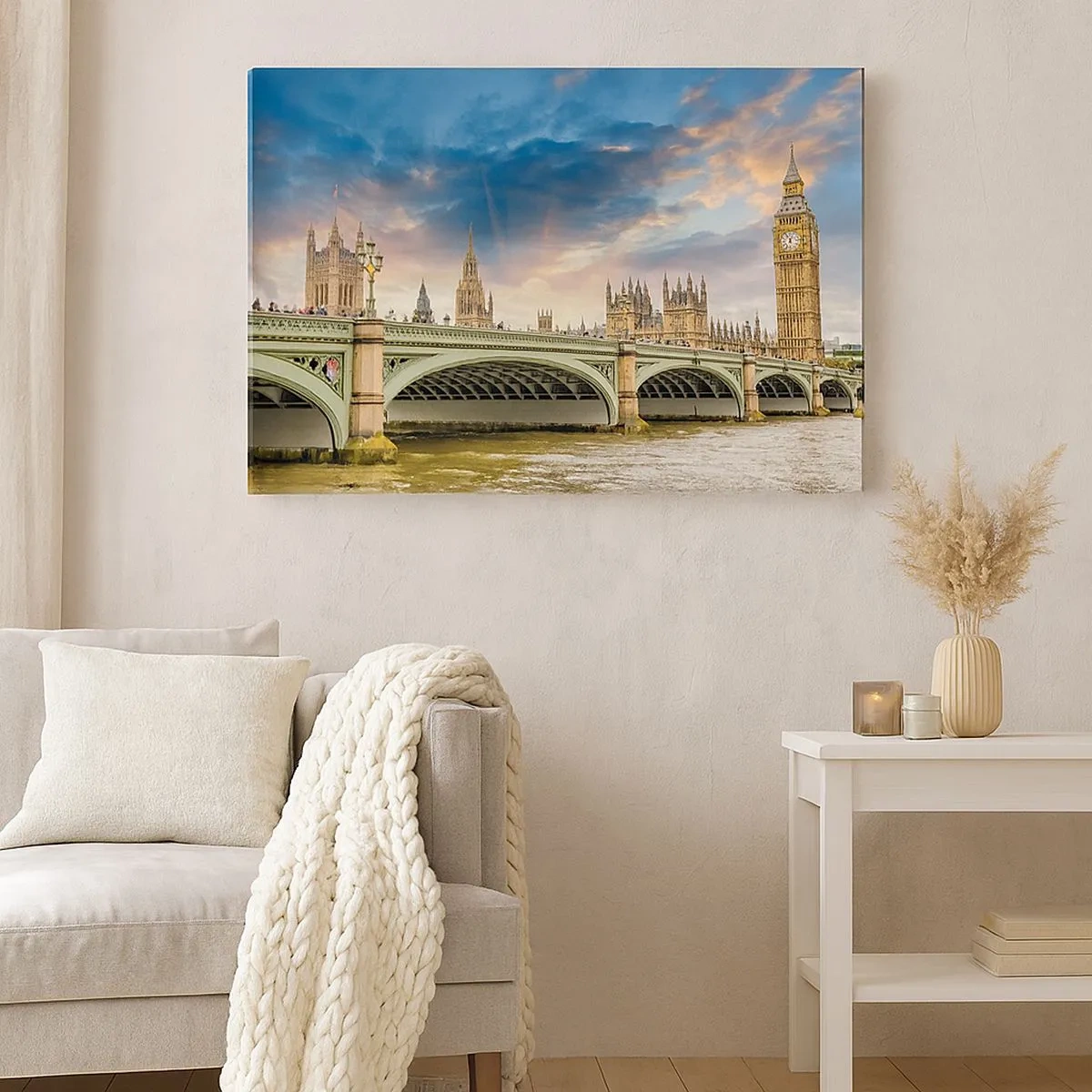 Cuadro sobre lienzo - Impresión de Imagen - El Big Ben y el puente de Westminster contra el cielo al anochecer - 70x50cm - El tiempo se detuvo en el Imperio - Decoración de pared moderna para salón y dormitorio ARTTOR