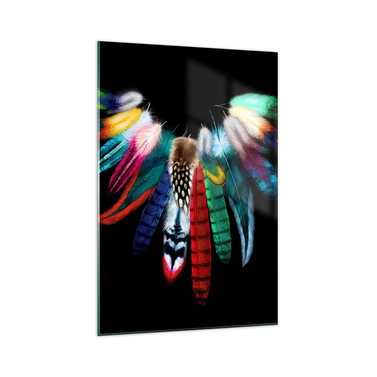 Cuadro sobre vidrio - Impresiones sobre Vidrio - Plumas de colores sobre un fondo negro en una composición artística. - 70x100cm - Collar indio - Decoración de pared moderna para salón y dormitorio ARTTOR