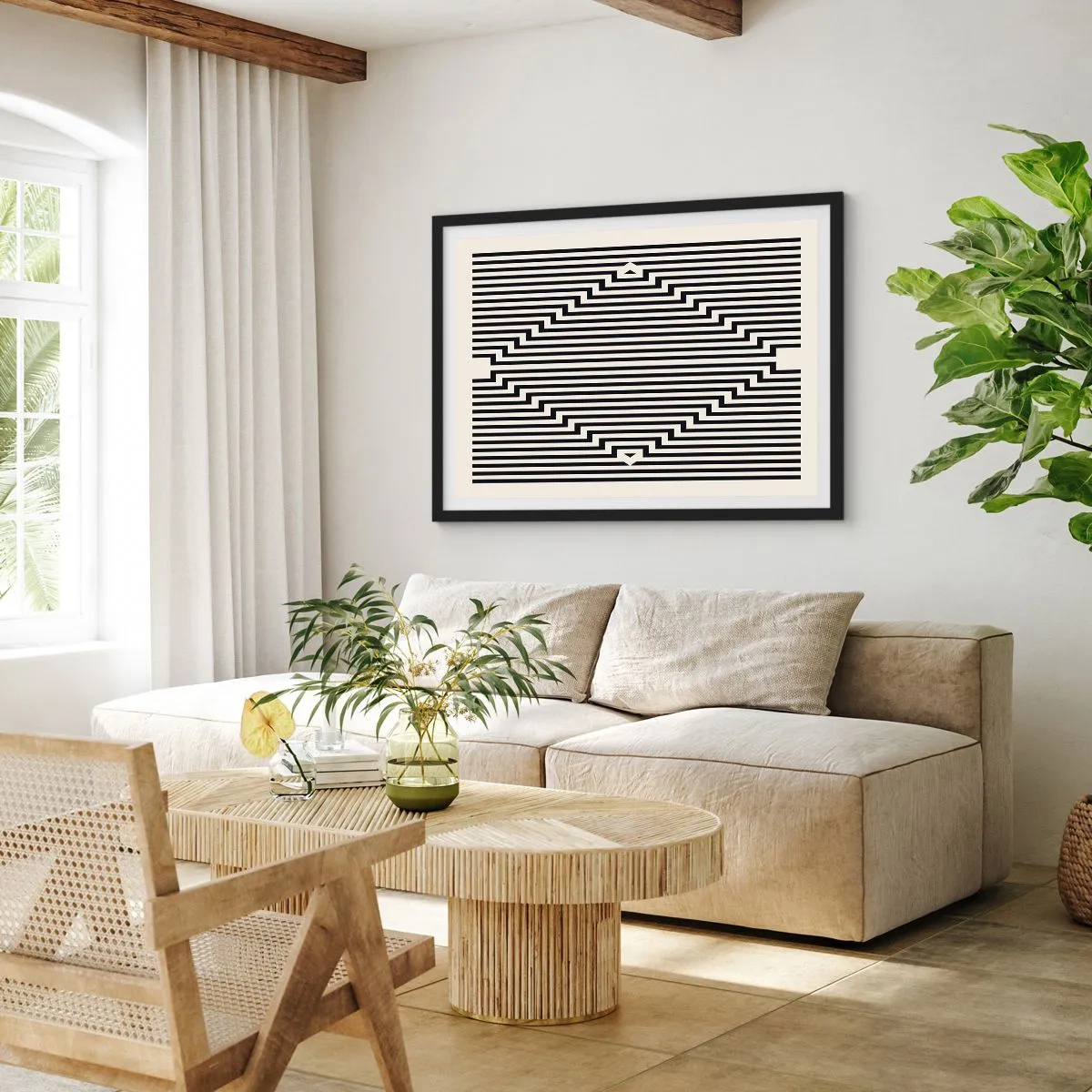 Póster en marco negro - Líneas blancas y negras que crean un efecto de ilusión geométrica. - 70x50cm - Ilusión geométrica - Decoración de pared moderna para salón y dormitorio ARTTOR