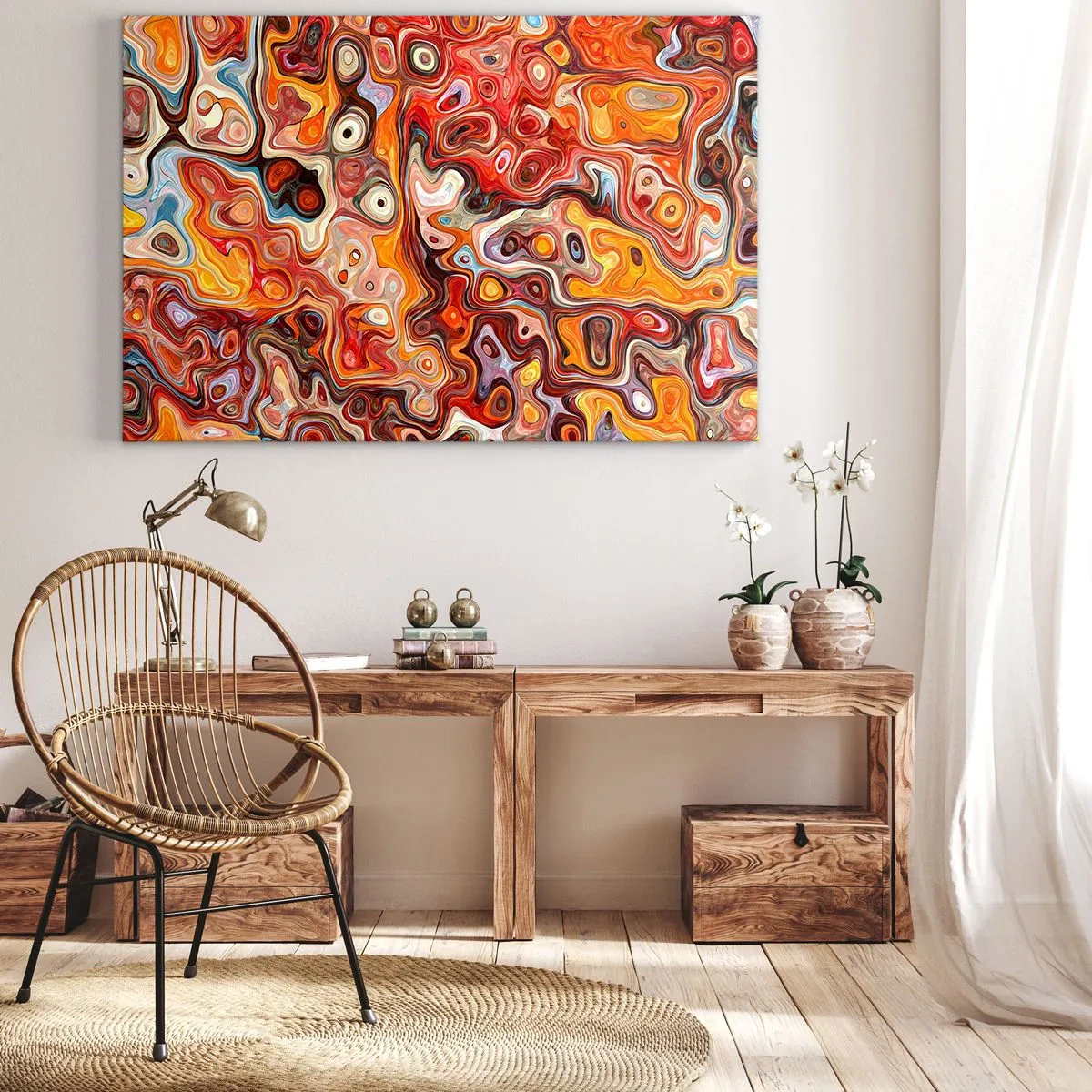 Cuadro sobre lienzo - Impresión de Imagen - Una composición abstracta en tonos cálidos de rojo, naranja y amarillo. - 70x50cm - Si las nueces se derritieran en la miel - Decoración de pared moderna para salón y dormitorio ARTTOR